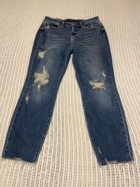 Judy Blue Relaxed Fit Hi Rise Distress Fray Hem Zip Fly Size 9 / 29 x 27”